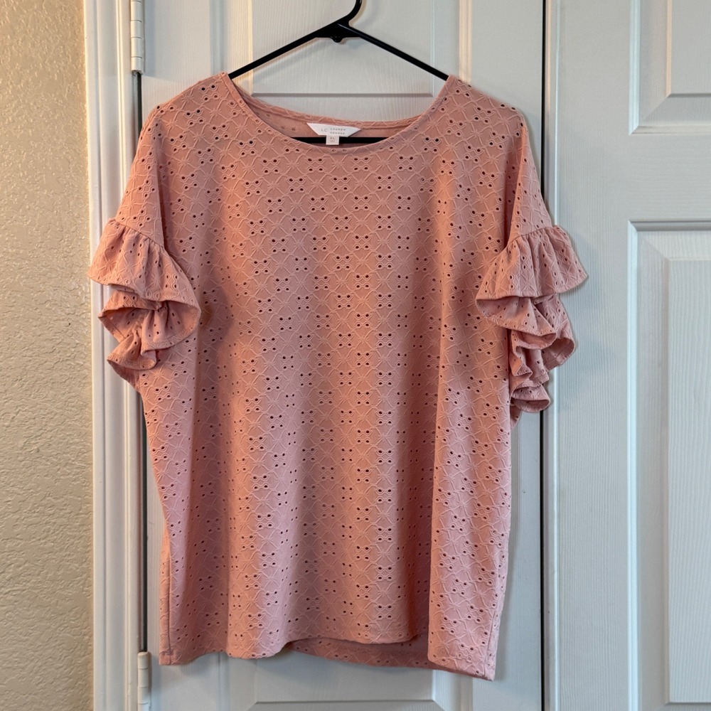 LC Lauren Conrad Womens Pink Flutter Sleeve Eyelet Blouse Top Womens Size XL EUC